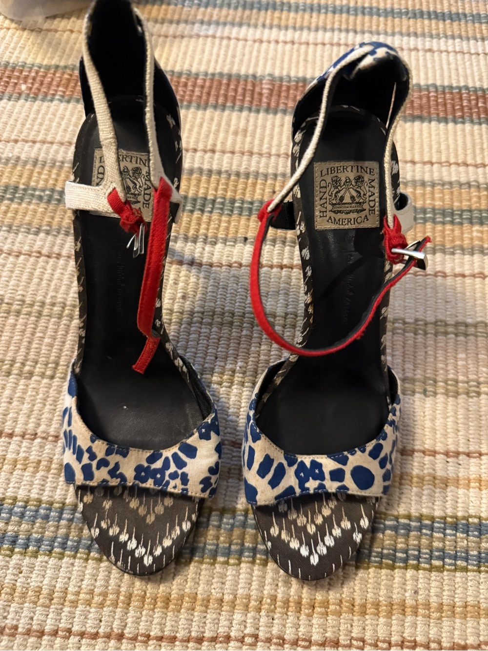 Libertine Blue White Multi Patterned Ankle-Strap Sandals